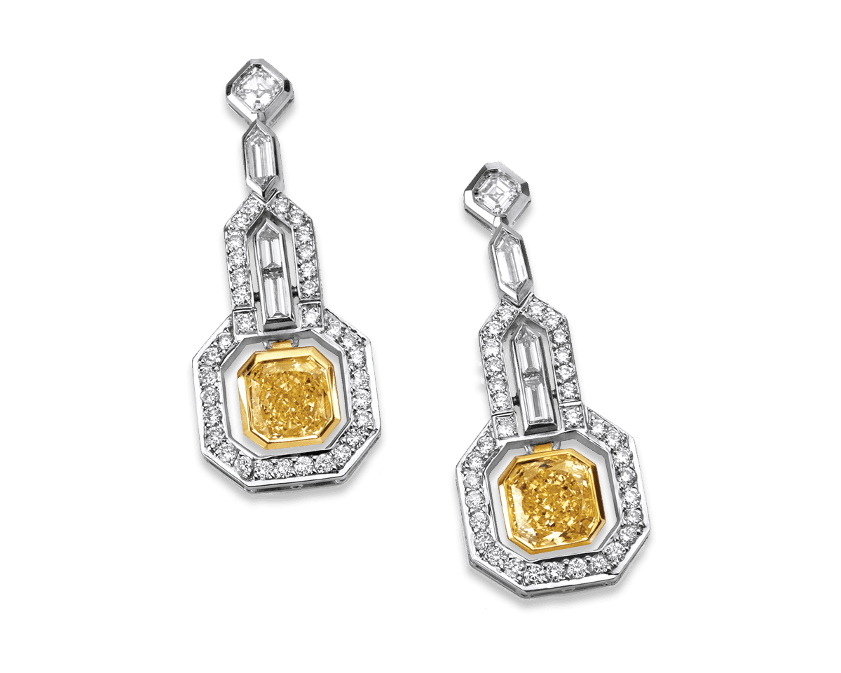 Art-Deco Colored and Colorless Diamond Earrings